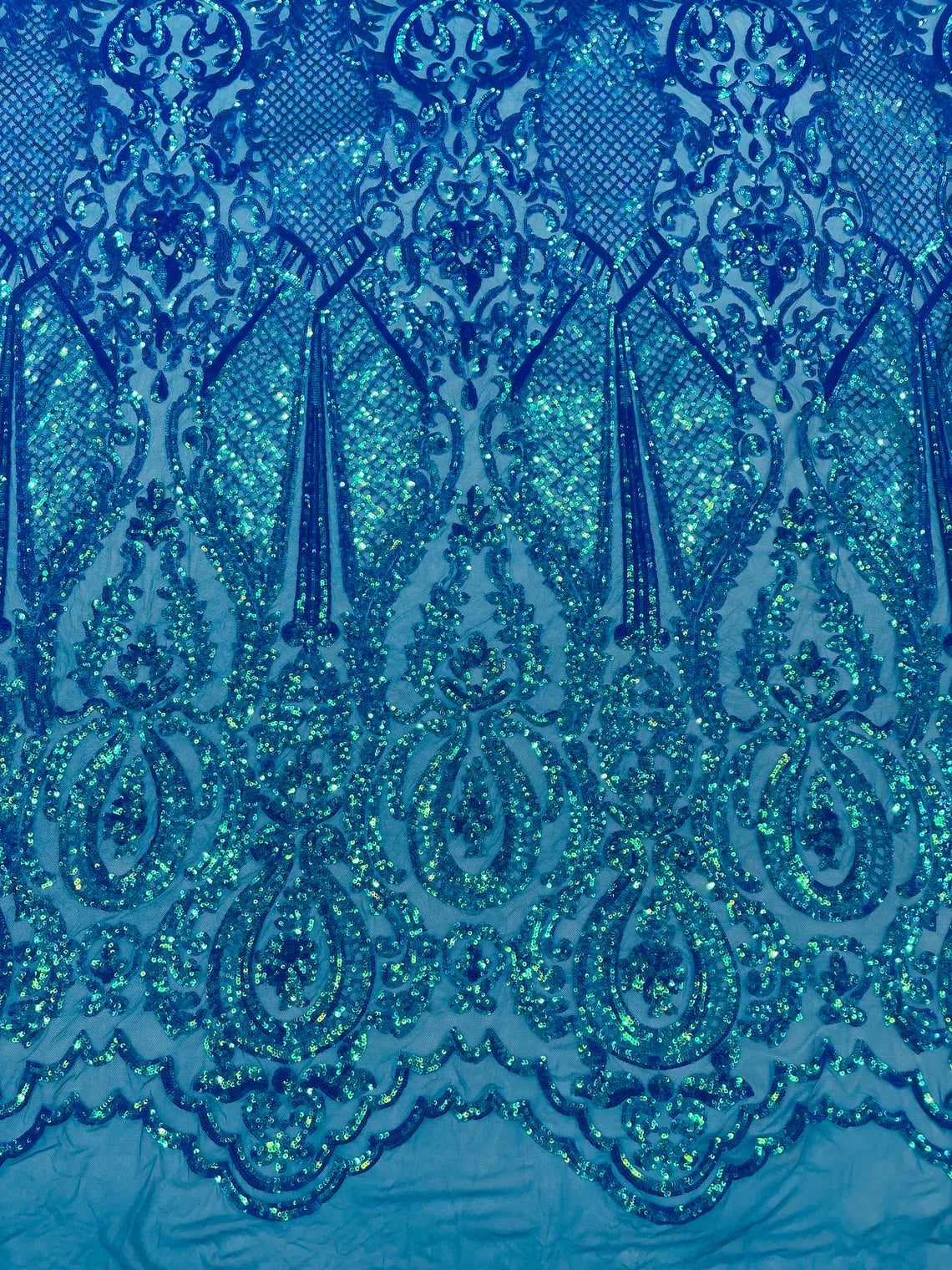 4 Way Stretch Fabric - Turquoise - Embroidered Pattern Design Sequins Fabric on Mesh By Yard