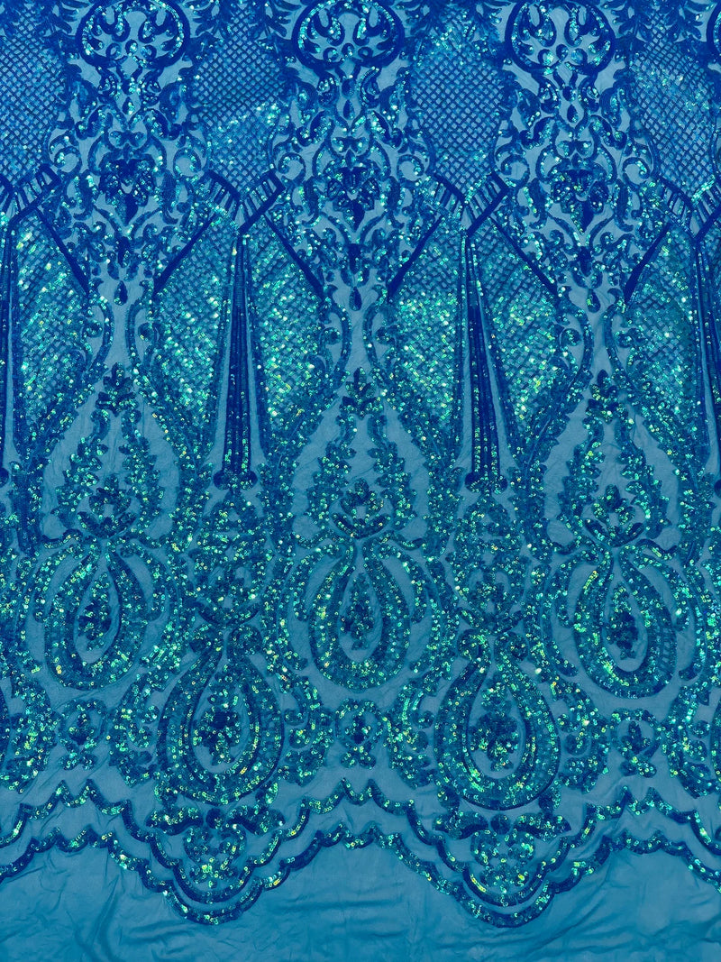 4 Way Stretch Fabric - Turquoise - Embroidered Pattern Design Sequins Fabric on Mesh By Yard