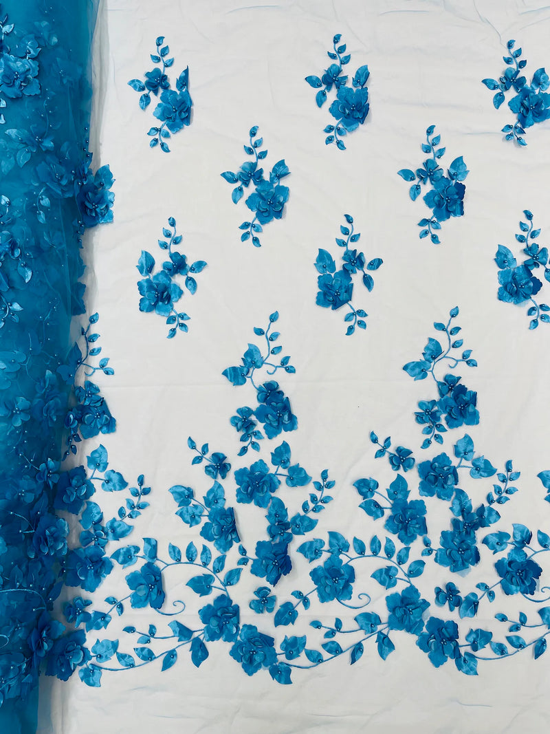 3D Floral Pearl Fabric - Turquoise - Embroidered Floral Pearl Fabric Single Border On Mesh By Yard