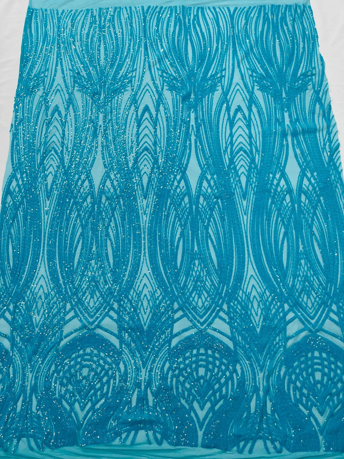 Long Wavy Pattern Sequins - Turquoise - 4 Way Stretch Sequins Fabric Line Design By Yard