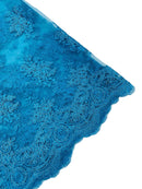 Floral Damask Lace Fabric - Turquoise - Embroidered Damask Flowers on Lace Fabric By Yard