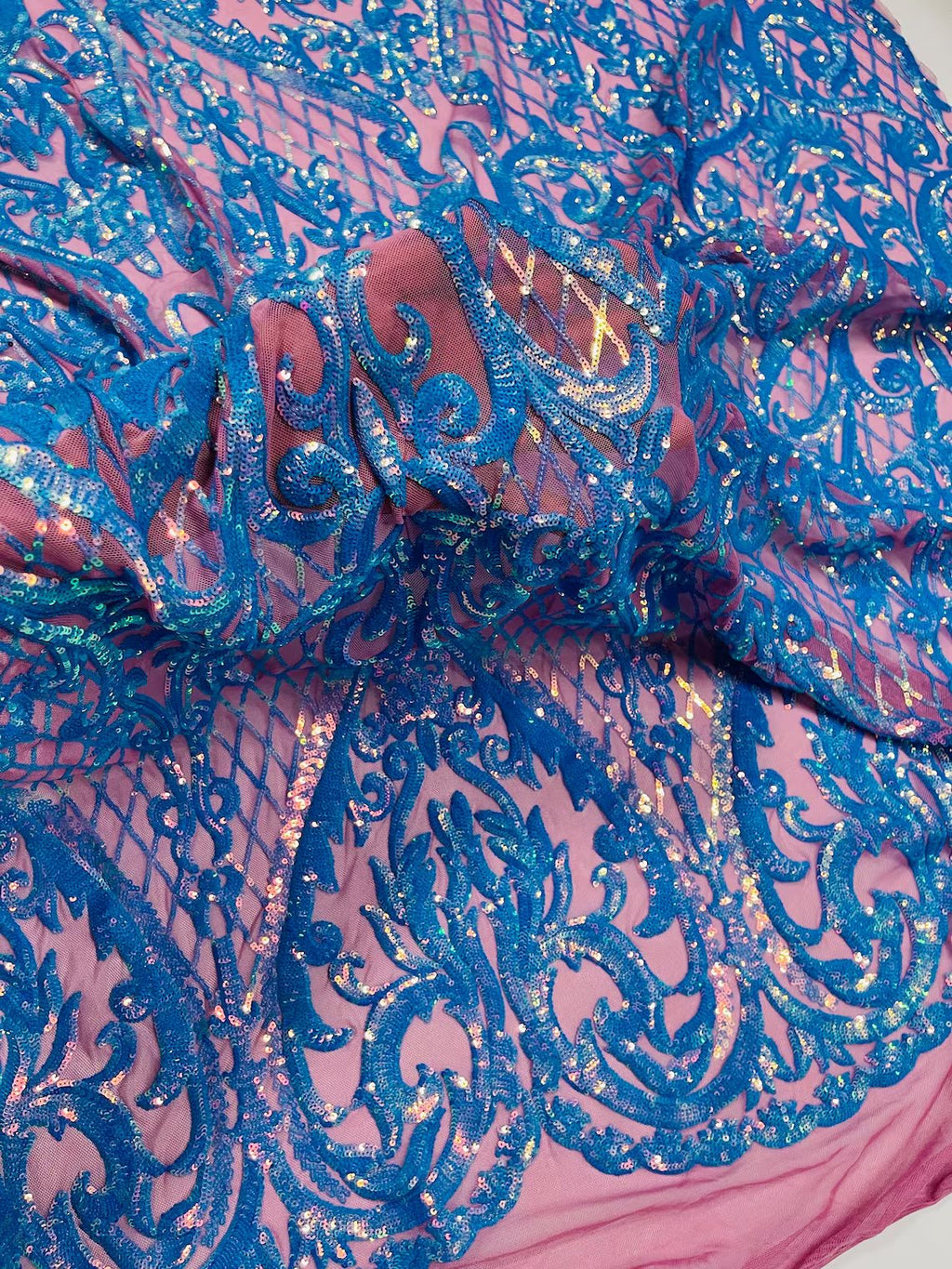 Heart Damask Sequins - Turquoise - 4 Way Stretch Sequins Fabric By Yard