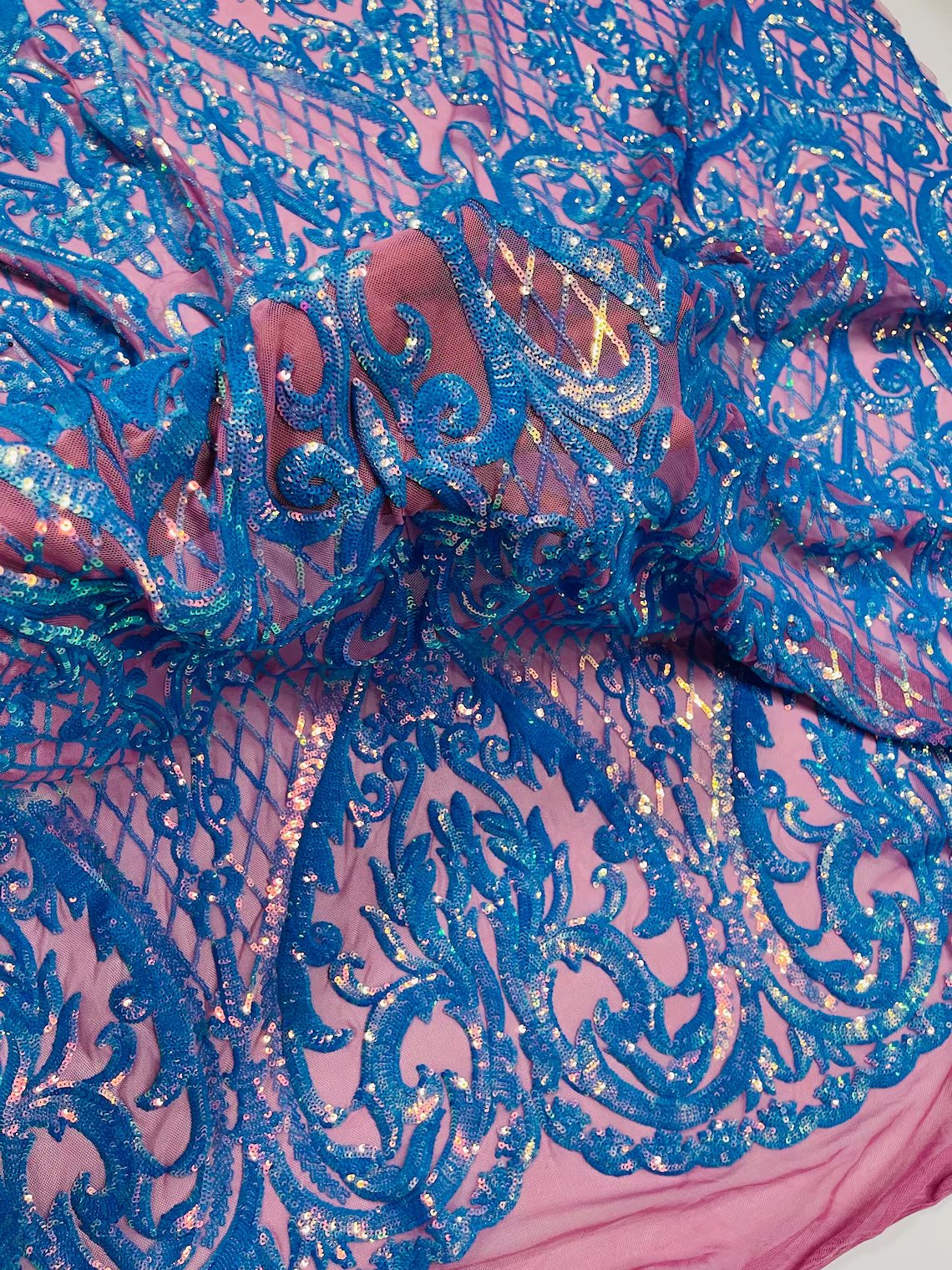Heart Damask Sequins - Turquoise - 4 Way Stretch Sequins Fabric By Yard