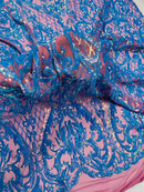 Heart Damask Sequins - Turquoise - 4 Way Stretch Sequins Fabric By Yard