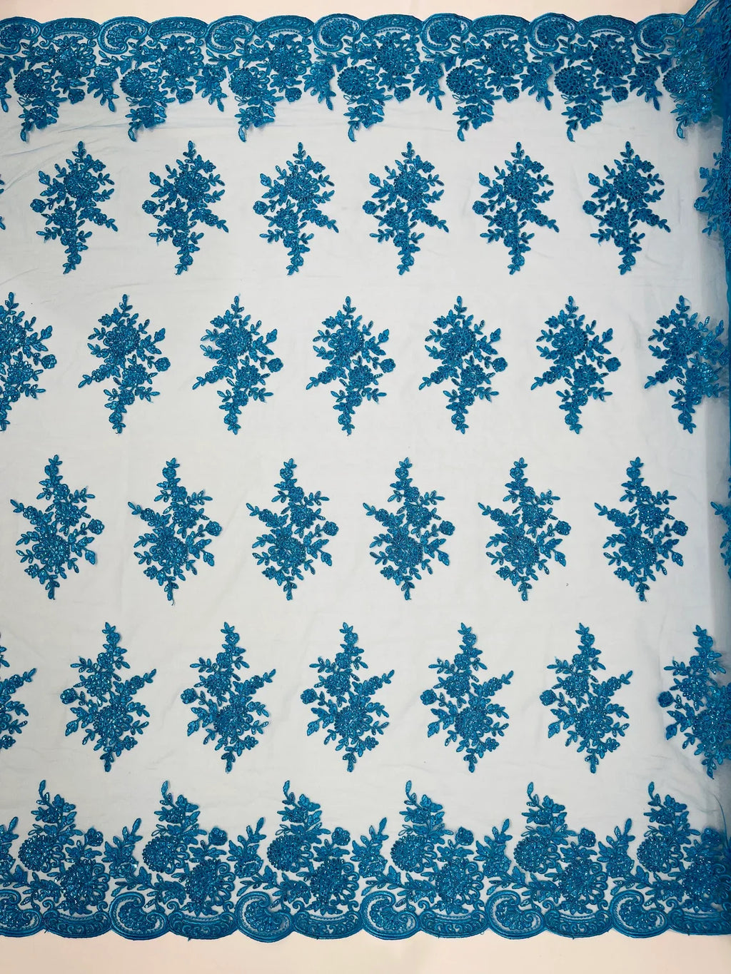 Floral Lace Flower Fabric - Turquoise - Floral Embroidered Fabric with Sequins on Lace By Yard