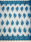 Floral Lace Flower Fabric - Turquoise - Floral Embroidered Fabric with Sequins on Lace By Yard