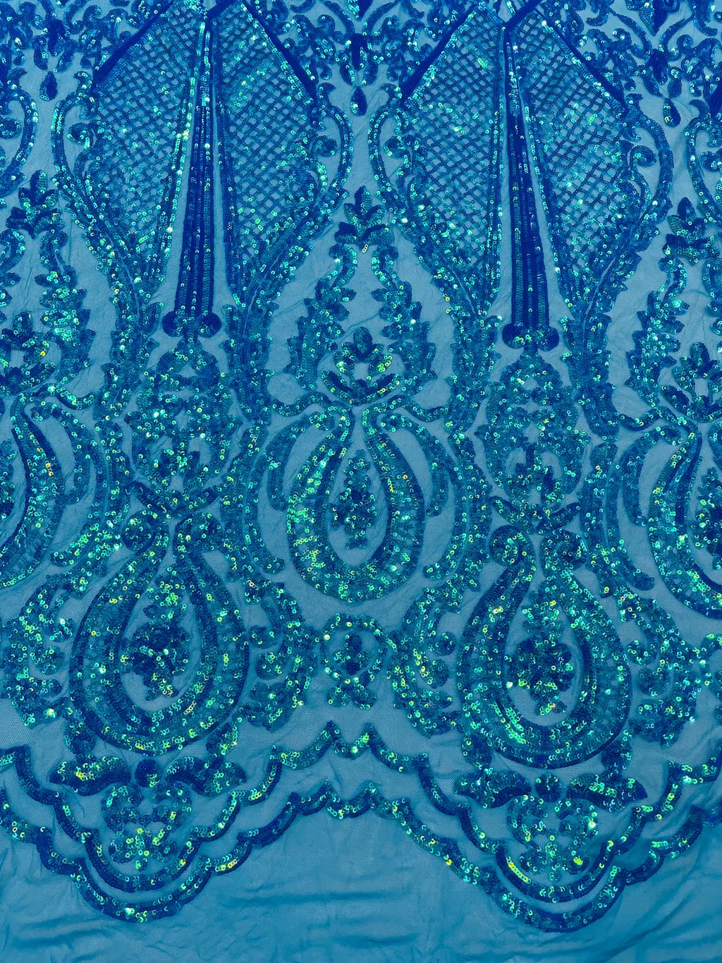 4 Way Stretch Fabric - Turquoise - Embroidered Pattern Design Sequins Fabric on Mesh By Yard