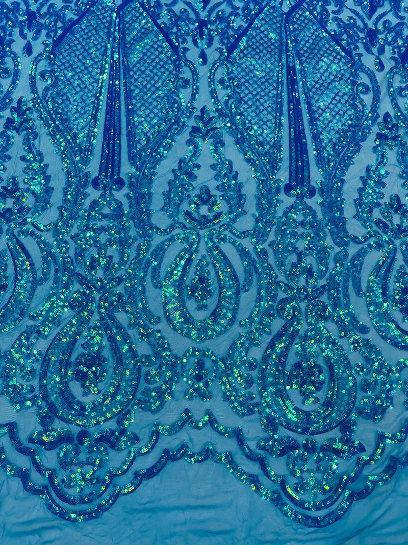 4 Way Stretch Fabric - Turquoise - Embroidered Pattern Design Sequins Fabric on Mesh By Yard