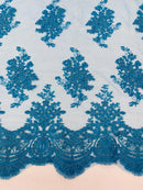 Floral Damask Lace Fabric - Turquoise - Embroidered Damask Flowers on Lace Fabric By Yard