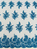 Floral Lace Flower Fabric - Turquoise - Floral Embroidered Fabric with Sequins on Lace By Yard
