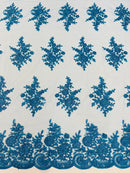 Floral Lace Flower Fabric - Turquoise - Floral Embroidered Fabric with Sequins on Lace By Yard