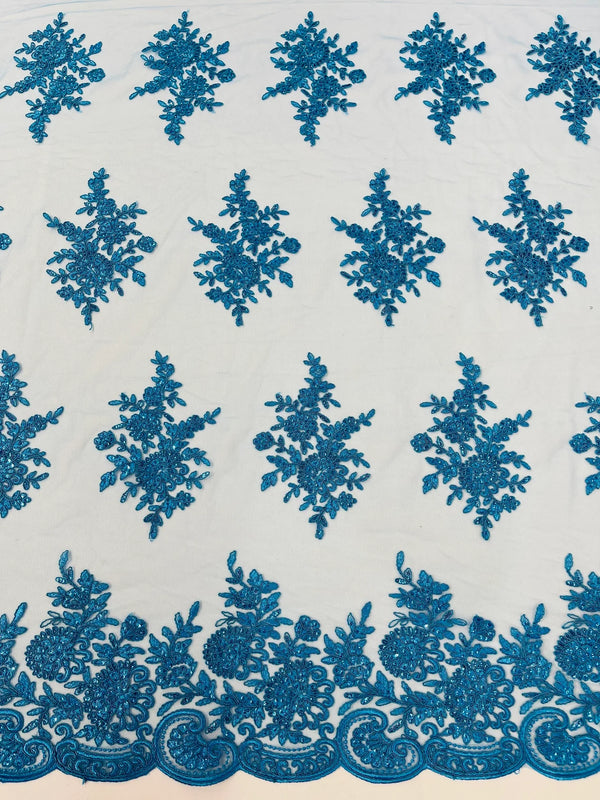 Floral Lace Flower Fabric - Turquoise - Floral Embroidered Fabric with Sequins on Lace By Yard