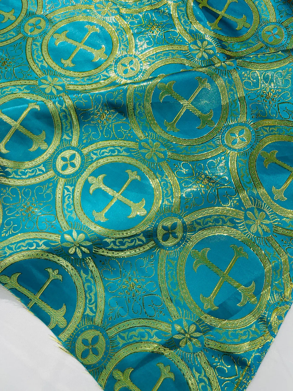 Brocade Cross Fabric - Turquoise - Church Vestment Religious Jacquard Fabric By Yard