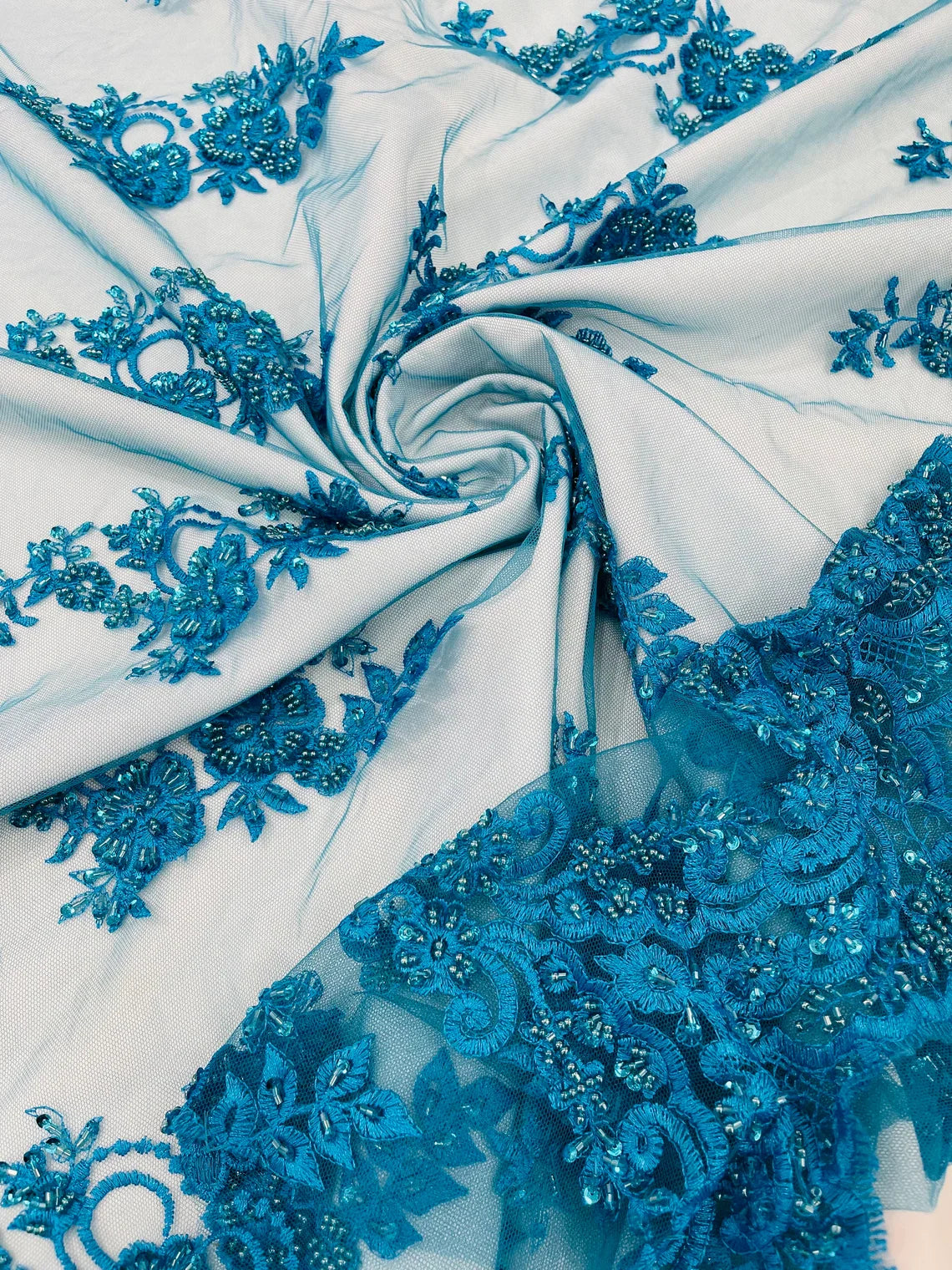 Beaded Floral Fabric - Turquoise - Embroidered Flower Cluster Beaded Fabric Sold By Yard