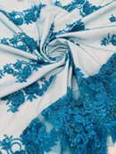 Beaded Floral Fabric - Turquoise - Embroidered Flower Cluster Beaded Fabric Sold By Yard