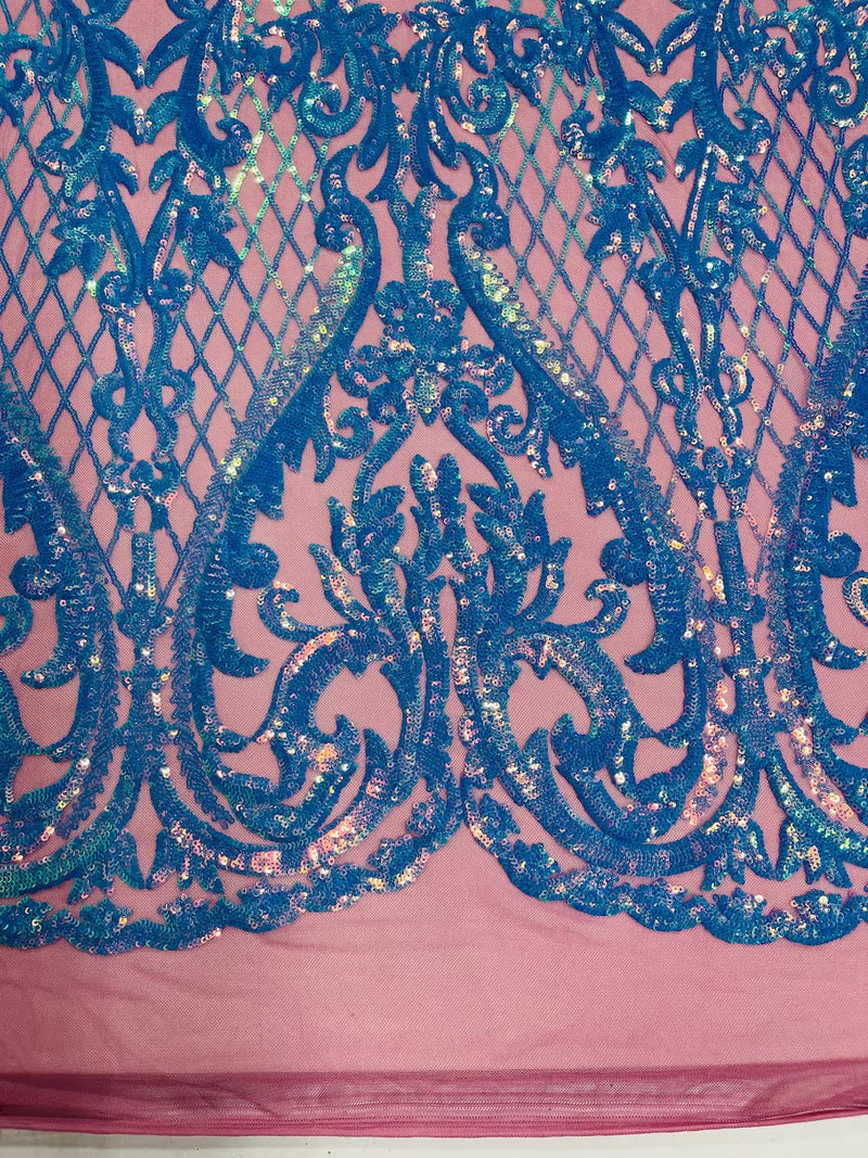 Heart Damask Sequins - Turquoise - 4 Way Stretch Sequins Fabric By Yard