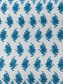 Floral Damask Lace Fabric - Turquoise - Embroidered Damask Flowers on Lace Fabric By Yard
