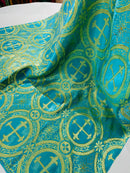 Brocade Cross Fabric - Turquoise - Church Vestment Religious Jacquard Fabric By Yard