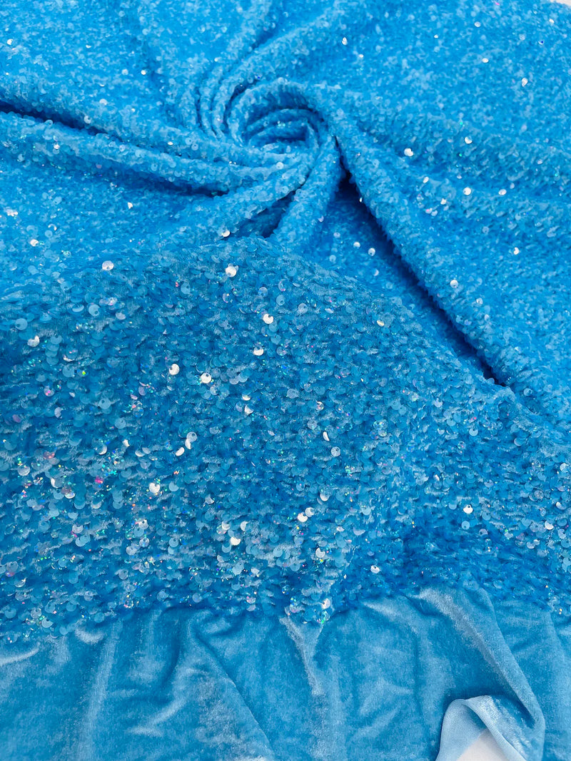 Stretch Velvet Sequins Fabric - Turquoise Hologram - Velvet Sequins 2 Way Stretch 58/60” By Yard