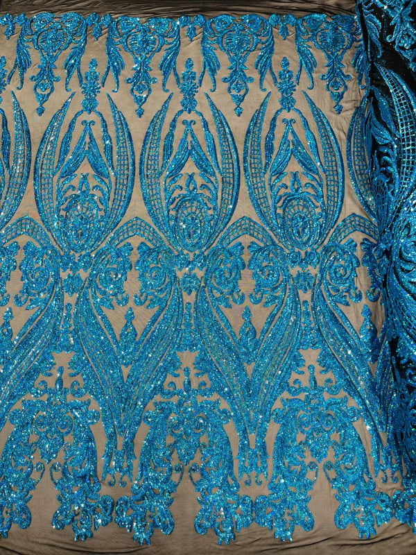 Big Damask Sequins Fabric - Turquoise Iridescent on Black - 4 Way Stretch Damask Sequins Design Fabric By Yard