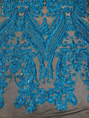 Big Damask Sequins Fabric - Turquoise Iridescent on Black - 4 Way Stretch Damask Sequins Design Fabric By Yard