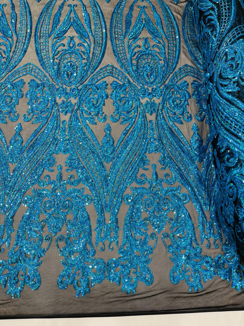 Big Damask Sequins Fabric - Turquoise Iridescent on Black - 4 Way Stretch Damask Sequins Design Fabric By Yard