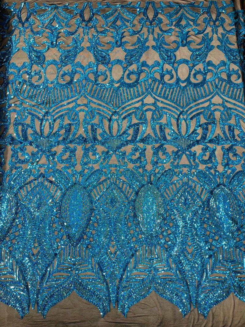 Turquoise Holographic on Black - 4 Way Stretch Embroidered Royalty Sequins Design Fabric By Yard