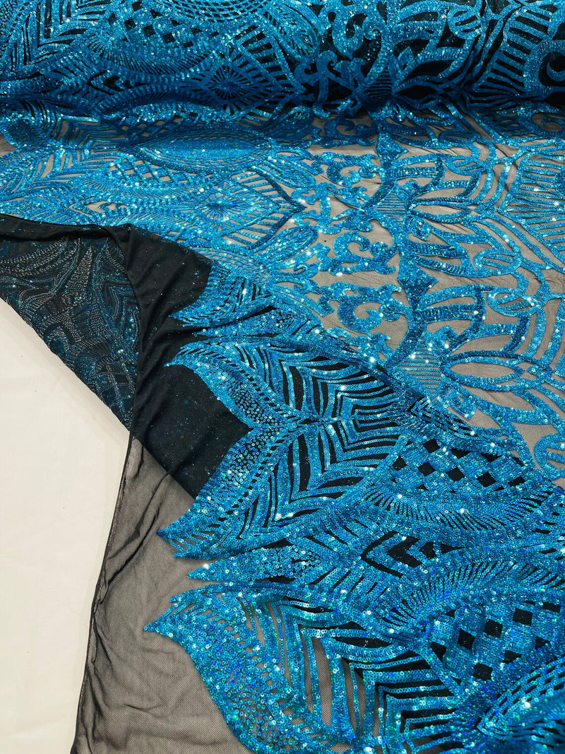 Turquoise Holographic on Black - 4 Way Stretch Embroidered Royalty Sequins Design Fabric By Yard