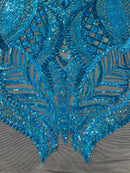 Turquoise Holographic on Black - 4 Way Stretch Embroidered Royalty Sequins Design Fabric By Yard