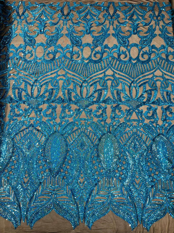 Turquoise Holographic on Black - 4 Way Stretch Embroidered Royalty Sequins Design Fabric By Yard