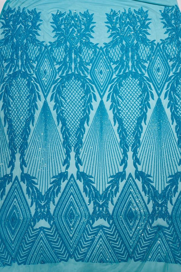 Triangle Sequin Fabric - Turquoise Iridescent - Geometric Designs Spandex Mesh By Yard