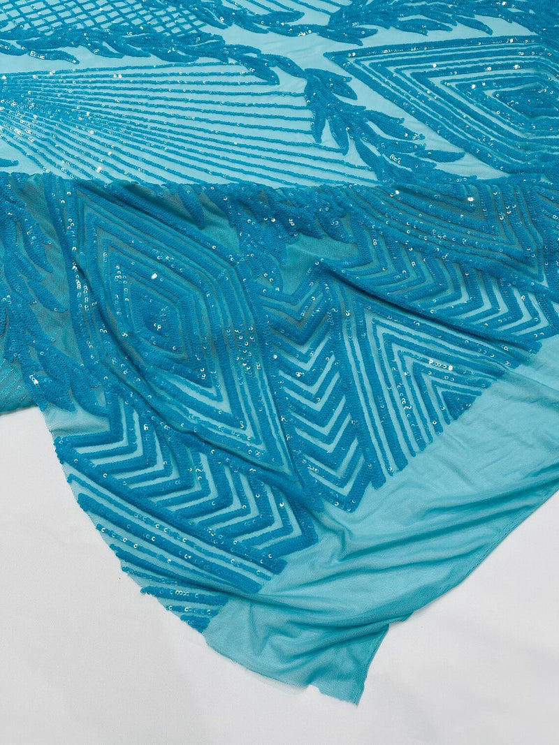 Triangle Sequin Fabric - Turquoise Iridescent - Geometric Designs Spandex Mesh By Yard