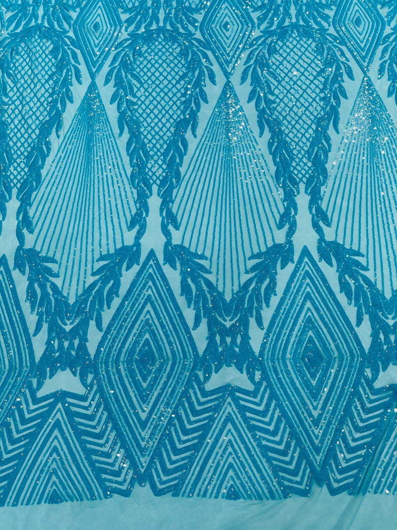 Triangle Sequin Fabric - Turquoise Iridescent - Geometric Designs Spandex Mesh By Yard