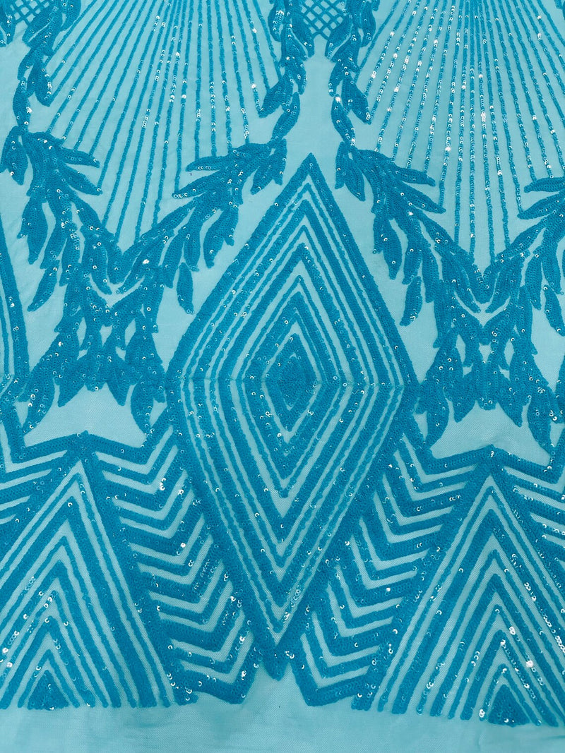 Triangle Sequin Fabric - Turquoise Iridescent - Geometric Designs Spandex Mesh By Yard