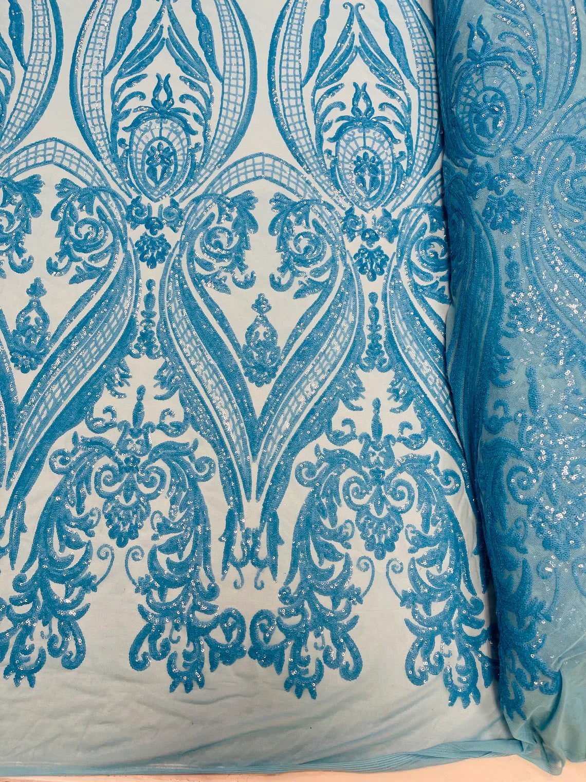 Big Damask Sequins Fabric - Turquoise Iridescent - 4 Way Stretch Damask Sequins Design Fabric By Yard