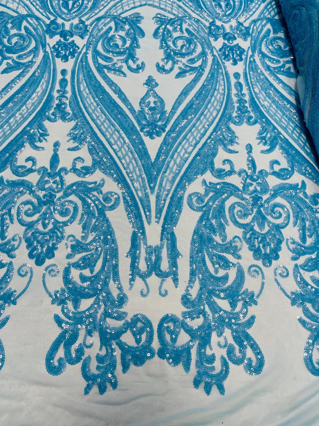 Big Damask Sequins Fabric - Turquoise Iridescent - 4 Way Stretch Damask Sequins Design Fabric By Yard