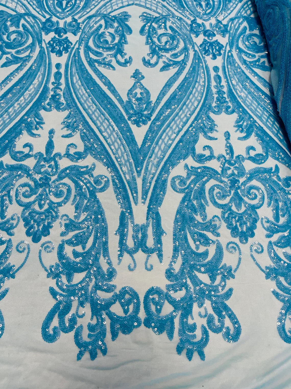 Big Damask Sequins Fabric - Turquoise Iridescent - 4 Way Stretch Damask Sequins Design Fabric By Yard