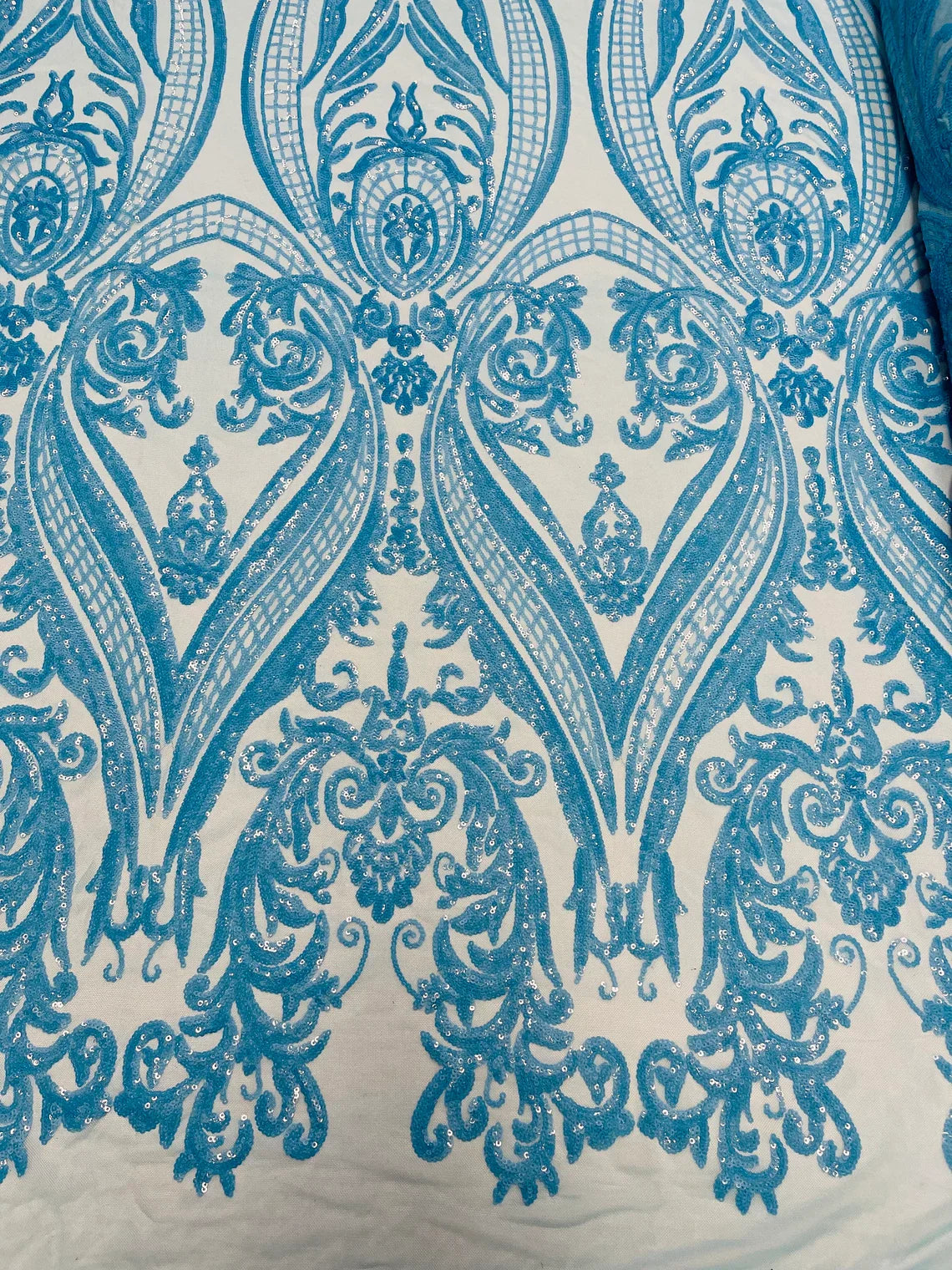 Big Damask Sequins Fabric - Turquoise Iridescent - 4 Way Stretch Damask Sequins Design Fabric By Yard
