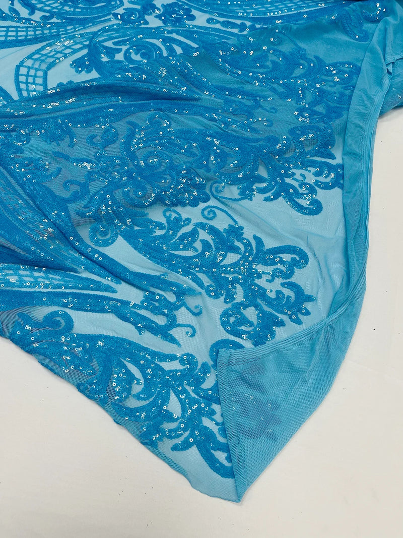Big Damask Sequins Fabric - Turquoise Iridescent - 4 Way Stretch Damask Sequins Design Fabric By Yard