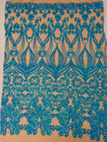 Damask Heart Design - Iridescent Turquoise on Nude - Damask with Heart Design Sequins on Mesh By Yard