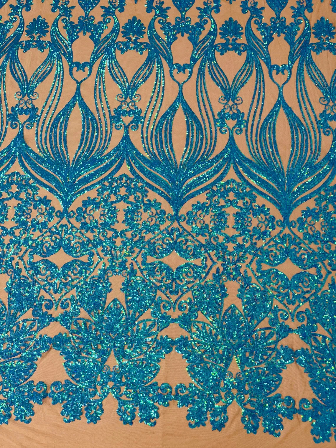 Damask Heart Design - Iridescent Turquoise on Nude - Damask with Heart Design Sequins on Mesh By Yard