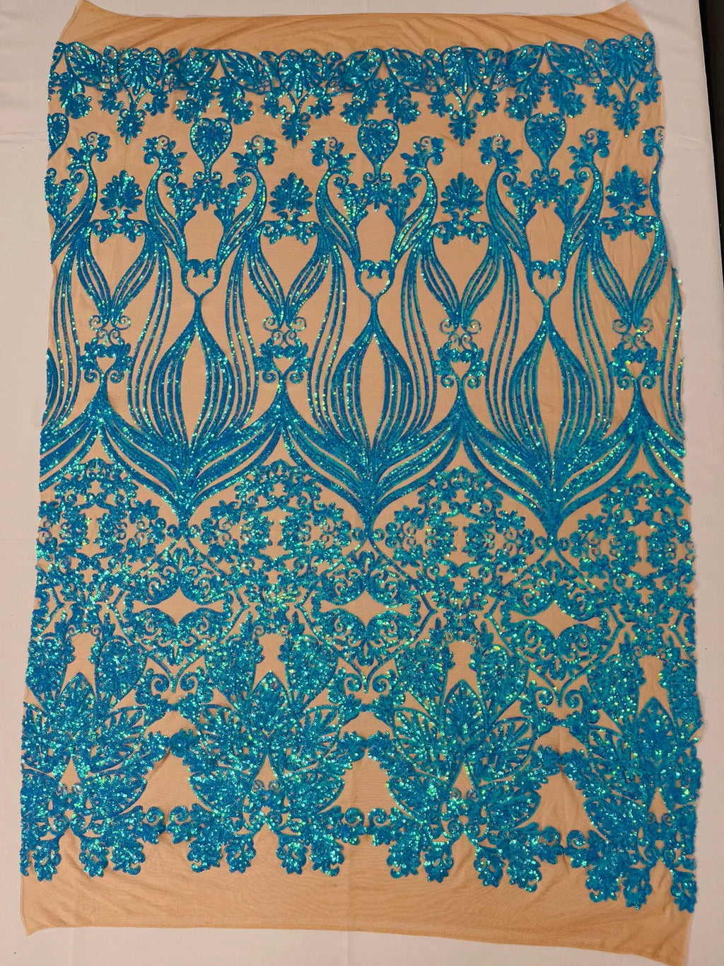 Damask Heart Design - Iridescent Turquoise on Nude - Damask with Heart Design Sequins on Mesh By Yard