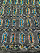 Fancy Gem Jewel Fabric - Turquoise Iridescent on Black - Geometric Stretch Sequins Design on Mesh By Yard