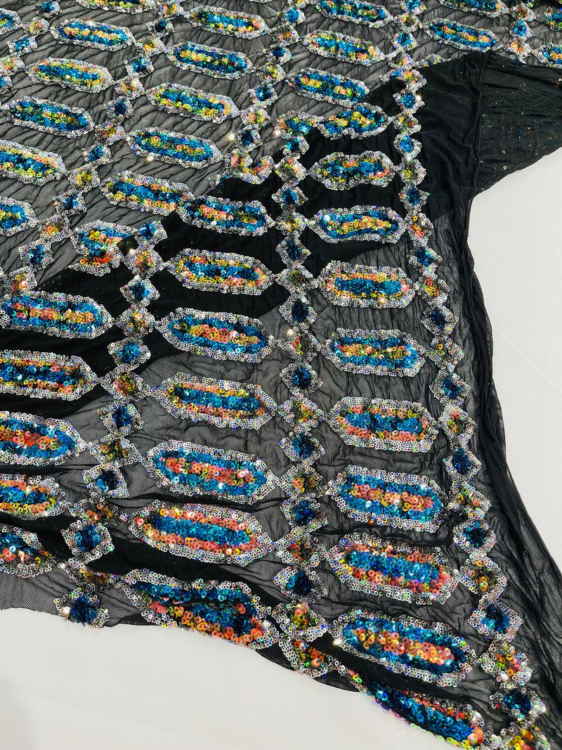 Fancy Gem Jewel Fabric - Turquoise Iridescent on Black - Geometric Stretch Sequins Design on Mesh By Yard