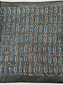 Fancy Gem Jewel Fabric - Turquoise Iridescent on Black - Geometric Stretch Sequins Design on Mesh By Yard