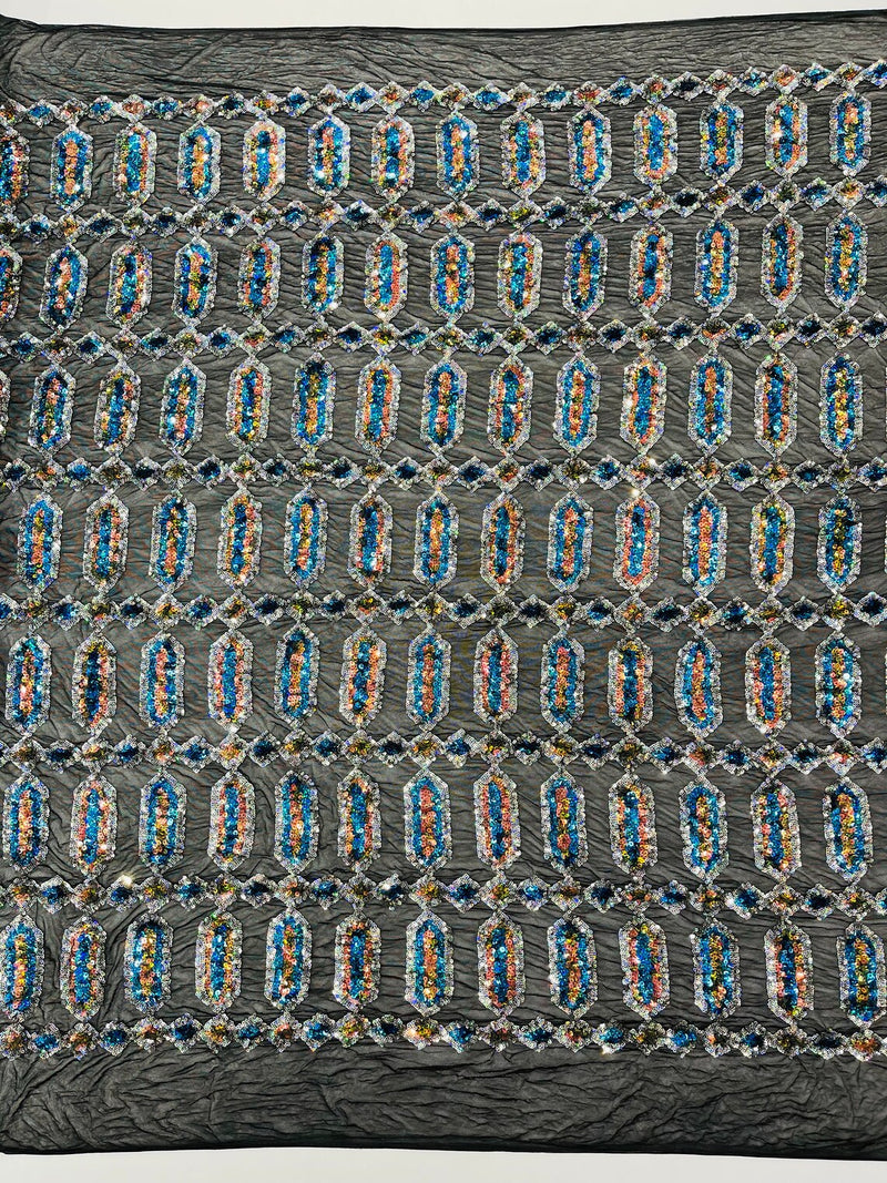 Fancy Gem Jewel Fabric - Turquoise Iridescent on Black - Geometric Stretch Sequins Design on Mesh By Yard