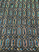 Fancy Gem Jewel Fabric - Turquoise Iridescent on Black - Geometric Stretch Sequins Design on Mesh By Yard