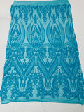 Big Damask Sequins Fabric - Turquoise - 4 Way Stretch Damask Sequins Design Fabric By Yard