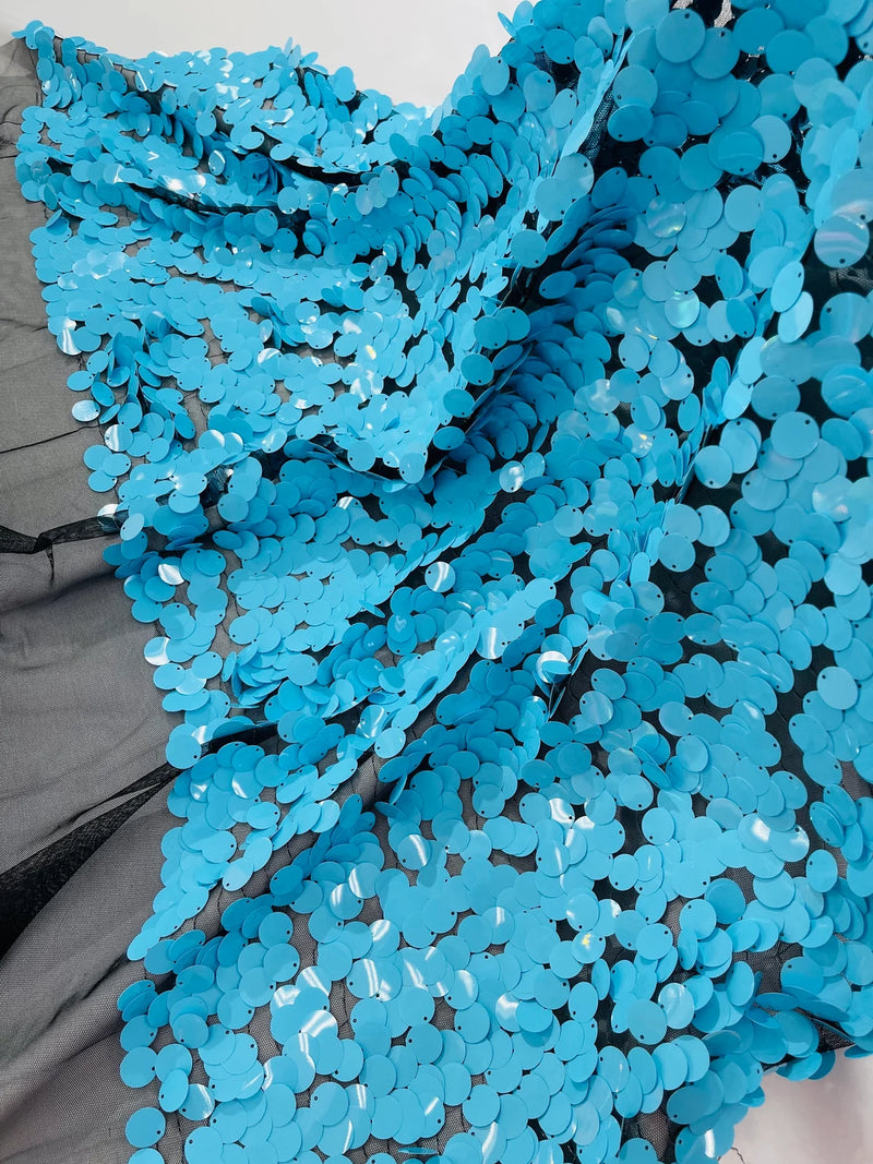 Round Large Sequins - Turquoise on Black - Paillette Large Round Sequins Design Fabric By Yard