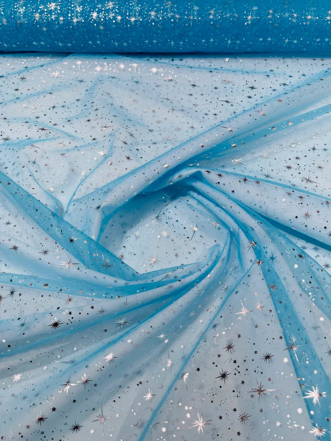 Foil Star Organza - Silver On Turquoise - 60" Sheer Silver Star Organza Fabric Sold By Yard